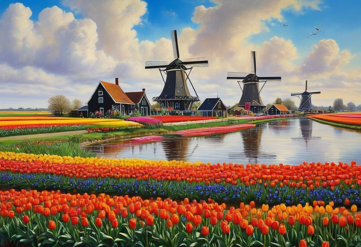 A vibrant Dutch landscape with windmills, tulip fields, and a traditional canal, showcasing the essence of Dutch art and culture. Include local artists painting on canvas, musicians playing folk music, and diverse people sharing stories in a warm, inviting atmosphere. Capture the rich colors and details that embody artistic expressions and cultural stories. super-realistic. vibrant colors. painting.