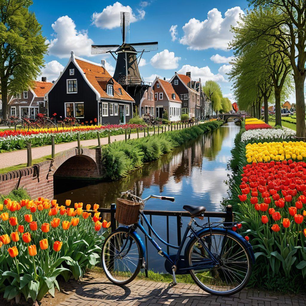A picturesque canal in a quaint Dutch village, featuring traditional windmills and colorful tulip fields in the foreground. An inviting bicycle rests against a wooden fence, while people dressed in traditional Dutch attire stroll along the cobbled path. The sky is a brilliant blue with fluffy white clouds to emphasize the vibrant charm of the Netherlands. super-realistic. vibrant colors. 3D.